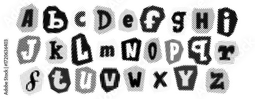 Black halftone alphabet. Retro pixelated letters design. Comic pop art cut out font. Old-fashioned newspapers typography set. Rasterized bitmap English alphabet. Aged textured dotted abc. Vector