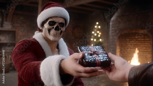 Santa Claus with Skull Mask Presents Gift in Cozy Holiday Setting