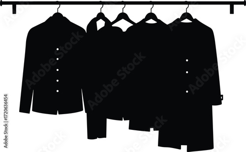 Clothes hanging on rack, black silhouette fashion, coat hanger, shirt outline, wardrobe design, closet organization, clothing vector illustration