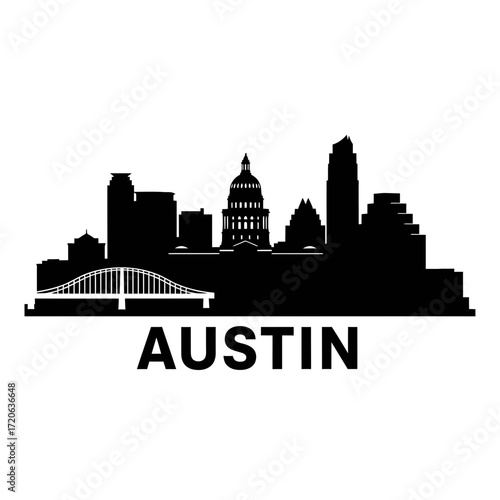 Austin Texas Skyline Silhouette with Congress Avenue Bridge and Capitol Building