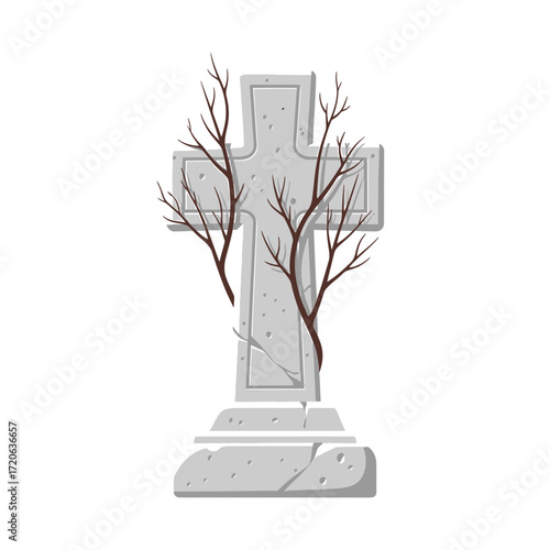Weathered Stone Cross with Bare Branches