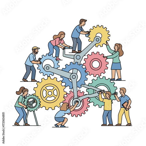 Cartoon Illustration of Diverse People Assembling Interlocking Mechanical Gears.
