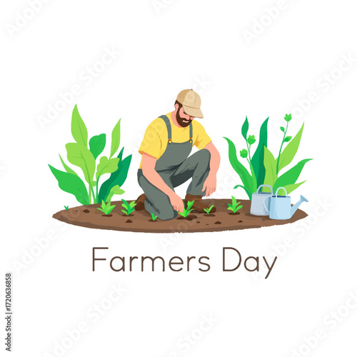 Farmers Day Illustration A Gardener Planting Seedlings with Care and Dedication