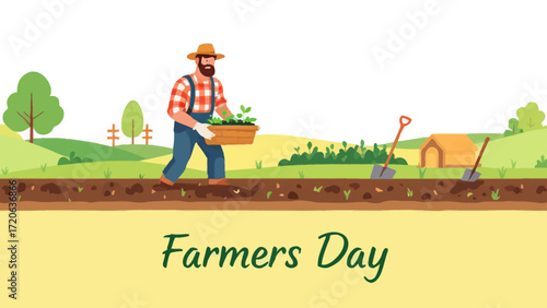 Vector illustration of a cheerful male farmer carrying a basket of seedlings, symbolizing organic farming and sustainable agriculture on a rural farm