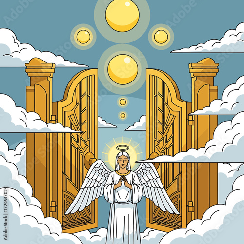 Angel at Golden Gates with Halo and Clouds in Heaven Illustration