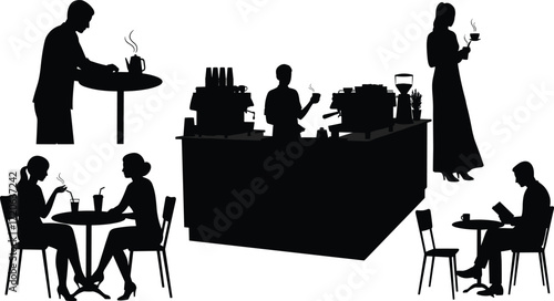 Coffee shop silhouette, people drinking coffee, barista serving, café lifestyle illustration, friends meeting, modern restaurant design, black vector art, relaxation