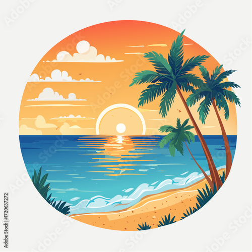 Stunning sunset over tropical beach with palm trees, vibrant colors reflecting on the ocean, perfect for travel, vacation, and relaxation themes
