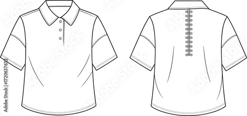 Short sleeve shirt fashion, decorative back button detail, partial front placket design, technical flat sketch, apparel vector illustration, garment construction drawing, clothing design CAD