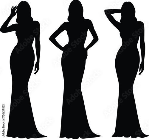 Elegant woman silhouette in long dress, fashion model outline, beauty pose, glamour figure vector, stylish feminine shape illustration design