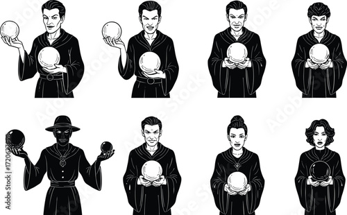 Mysterious fortune tellers with crystal balls, psychic characters in black robes, magic seers, mystical wizards, vector illustration set
