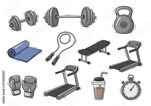 Set of  gym icons in hand drawn doodle style. Vector illustration with dumbbell, kettlebell, yoga mat, skipping rope, treadmill, stopwatch, shaker bottle, boxing gloves, pull-up bar,