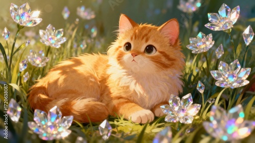 A Fluffy Kitten Among Enchanted Crystal Blossoms