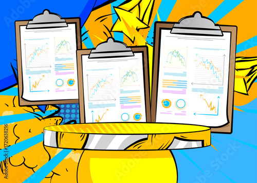 Comic Book Product podium stage for mock-up presentation with business report. Retro comics background.