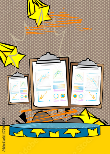 Comic Book Product podium stage for mock-up presentation with business report. Retro comics background.