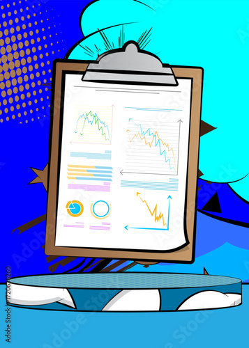 Comic Book Product podium stage for mock-up presentation with business report. Retro comics background.