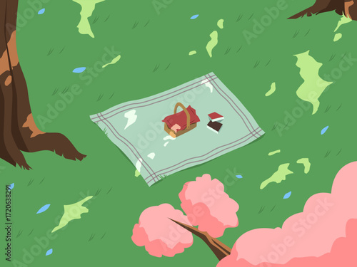 Peaceful spring picnic scene with blanket basket and books under green and pink trees on grassy field with scattered sunlight creating a tranquil stylized moment of outdoor leisure