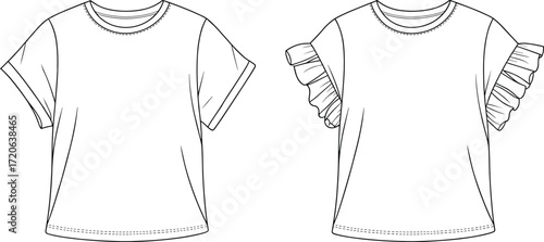 Short sleeve shirt fashion, round neckline design, ruffled sleeve detail, technical flat sketch, apparel vector illustration, garment construction drawing, clothing design CAD