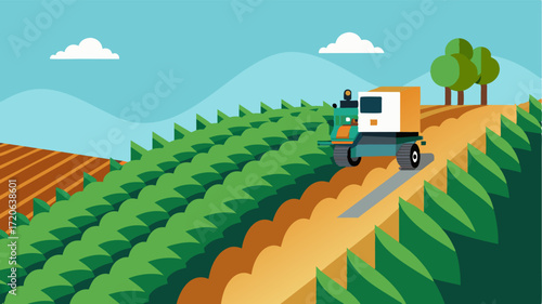 A robotic crop thinning device works tirelessly in a terraced farm on a steep hillside carefully maneuvering through the tight rows without causing any damage to the surrounding. Vector illustration