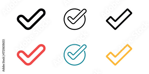Collection of six check mark icons in various styles and colors on white background