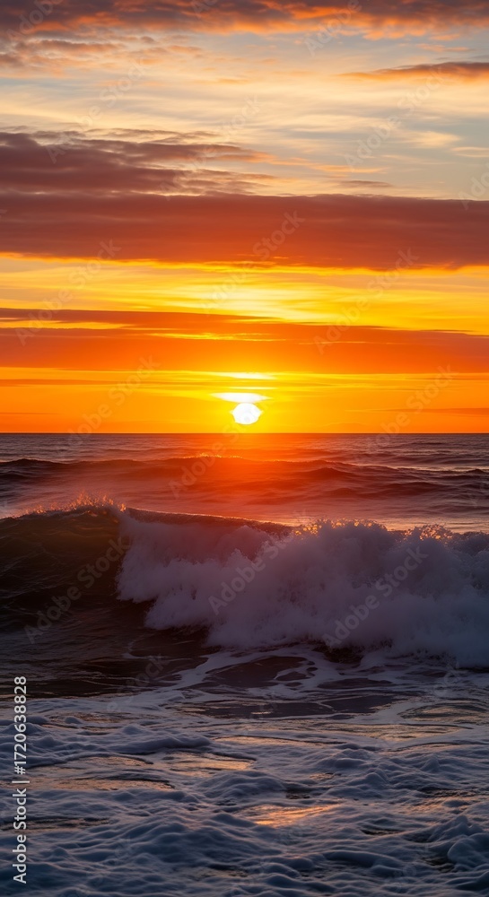 Obraz premium A vibrant sunrise paints the ocean with hues of orange and gold, showcasing powerful waves crashing against the shore.