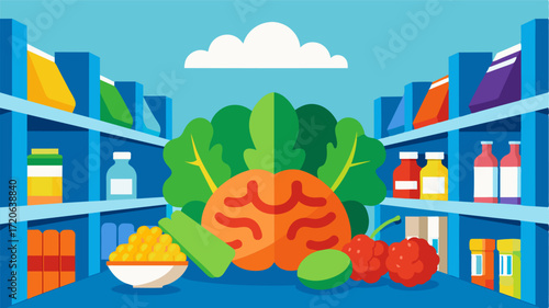 A grocery store aisle filled with brainhealthy foods like whole grains leafy greens and lean proteins emphasizing the abundance of options available for a brainboosting diet.. Vector illustration