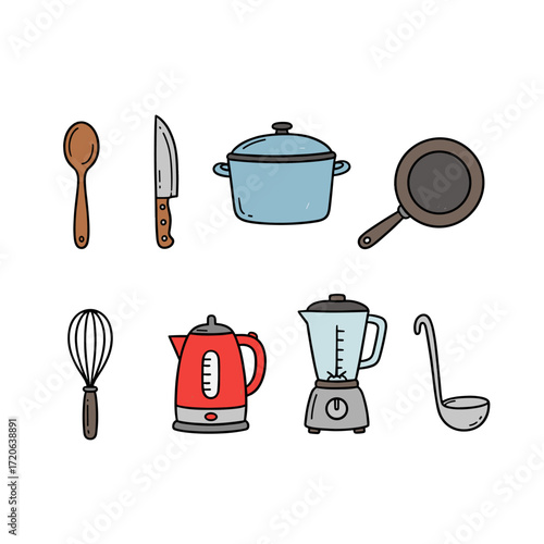 Set of  kitchen icons in hand drawn doodle style. Vector illustration with spoon, fork, knife, pot, pan, kettle, blender, whisk, ladle, rolling pin