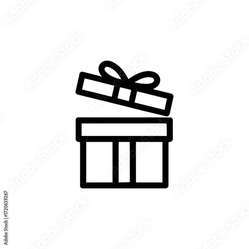 Outlined gift box with ribbon on white background, showing open surprise package icon