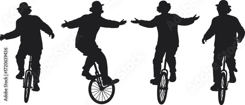Silhouette of circus clown riding unicycle, street performance, comedy entertainment, balance act, funny character, cycling skill, vector illustration for design