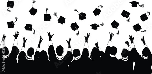 Graduation celebration silhouette, students throwing caps, academic success illustration, college university ceremony, education achievement art, graduates party vector, school event design