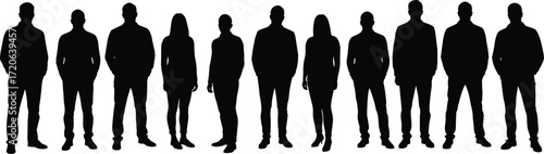 Group of people silhouette, men and women, standing crowd, business team, community, vector illustration, human figures, teamwork concept, design