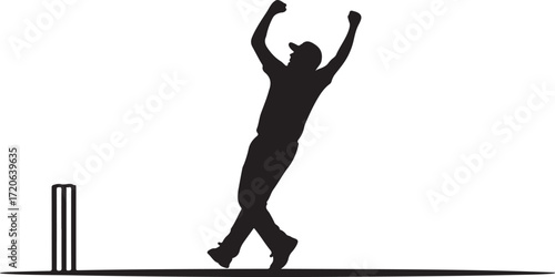 Black silhouette of a cricket player celebrating victory with stumps in the background celebration
