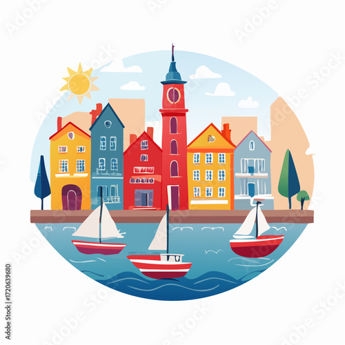 Vibrant harbor scene with colorful buildings, sailboats, and a sunny sky, perfect for travel, tourism, and waterfront design projects, evoking a sense of joy and relaxation