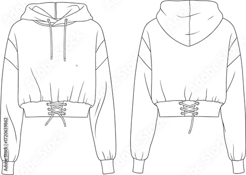 Cropped hoodie fashion, drawstring hood design, lace-up hem detail, technical flat sketch, apparel vector illustration, garment construction drawing, clothing design CAD