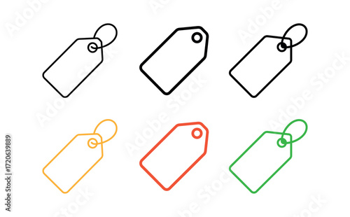 Line art illustration of price tags with loop and hole set on white background