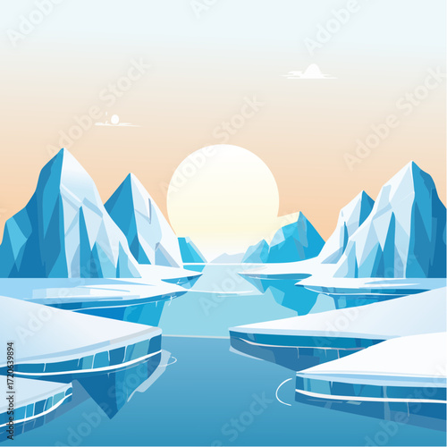 Stunning arctic landscape with majestic icebergs reflecting in tranquil water, perfect for travel, environmental, and climate change themes