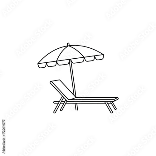 Simple line drawing of a beach chair and umbrella on a white background