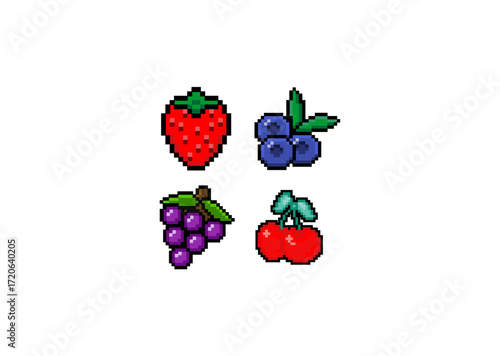 A colorful pixel art illustration of assorted fruits including strawberry, blueberries, grapes, and cherries in a bright retro 8-bit style.