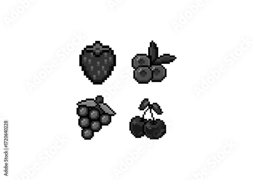 A pixel art illustration of assorted fruits including strawberry, blueberries, grapes, and cherries, designed in a monochrome 8-bit style.