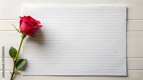 Single red rose on a white wooden background with copy space