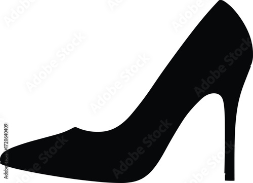 High heel shoe silhouette, elegant stiletto design, fashionable women footwear icon, black vector illustration, stylish feminine accessory, modern fashion element