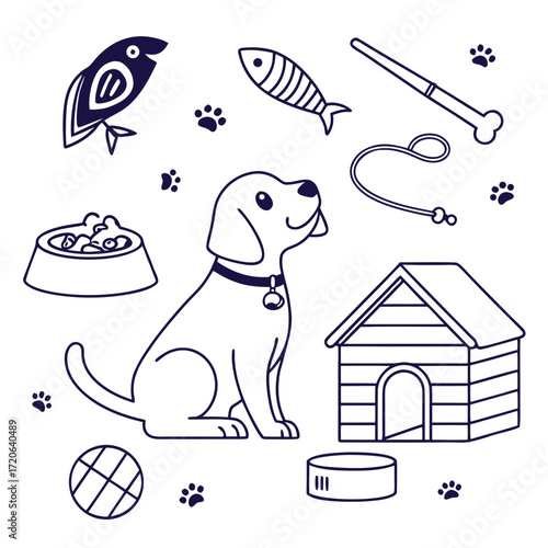 “Minimal outline pet icons — dog, cat, paw print, food bowl, leash, fish, bird, pet house, grooming, vet care — thin stroke vector, cute style.”