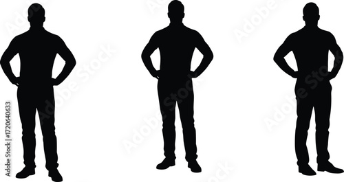 Male silhouette standing, confident man pose, vector figure, hands on waist, stylish body outline, modern illustration, strong masculine posture