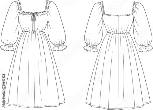 Long sleeve dress fashion, square neckline ruffle trim, puffed sleeve gathered cuffs, technical flat sketch, apparel vector illustration, garment construction drawing, clothing design CAD