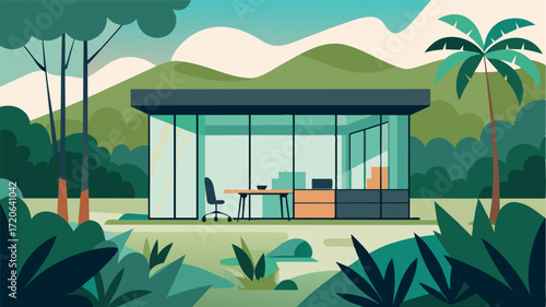 A modern glasswalled villa with a sleek and minimalist office space offering a perfect balance of comfort and productivity amidst the tropical rainforest.. Vector illustration