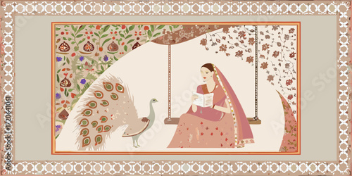 Indian woman in traditional attire reading a book on a swing with a peacock nearby in a garden setting