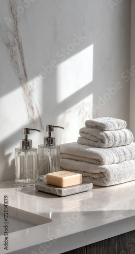 Sunlit bathroom counter with stacked towels, soap, and dispensers.  Clean, minimalist aesthetic