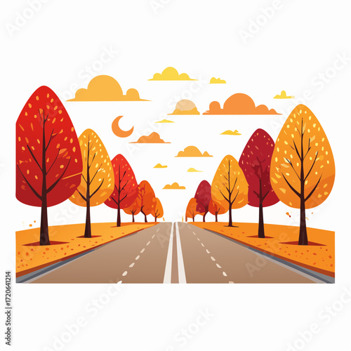 Vibrant autumn road scene with colorful trees, a bright moon, and fluffy clouds, perfect for travel, seasonal designs, and idyllic concepts that evoke feelings of peace
