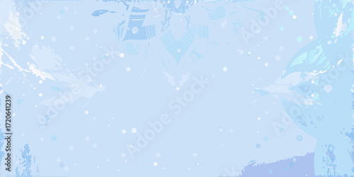 Soft blue winter background with delicate frosty patterns and falling snow