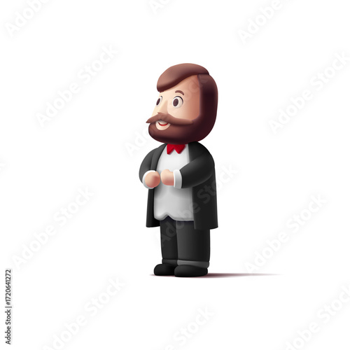 Man in a suit with a beard, 3D. stylish icon of a character of official events, groom. Vector illustration. 