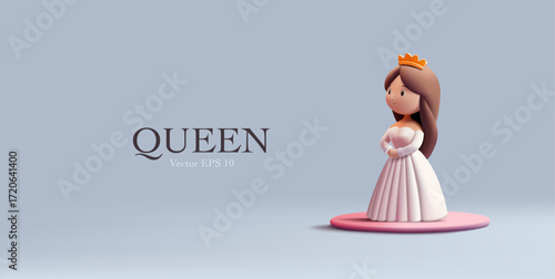 Queen in white dress on pink podium, 3D. Cute princess character in crown. Vector illustration.